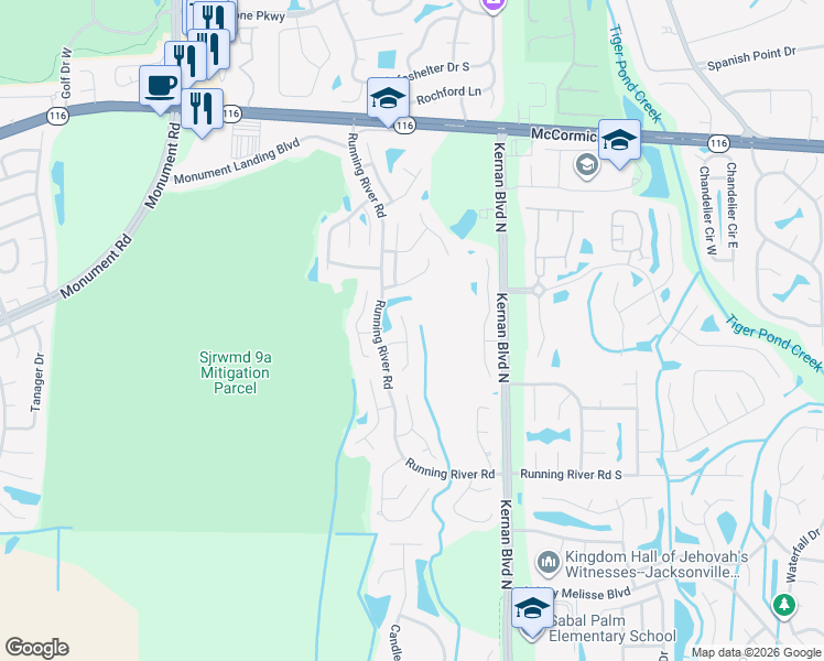 map of restaurants, bars, coffee shops, grocery stores, and more near 1599 Panther Ridge Court in Jacksonville