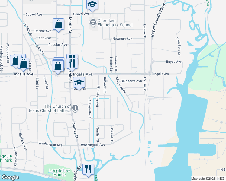map of restaurants, bars, coffee shops, grocery stores, and more near 1620 Gallery Street in Pascagoula