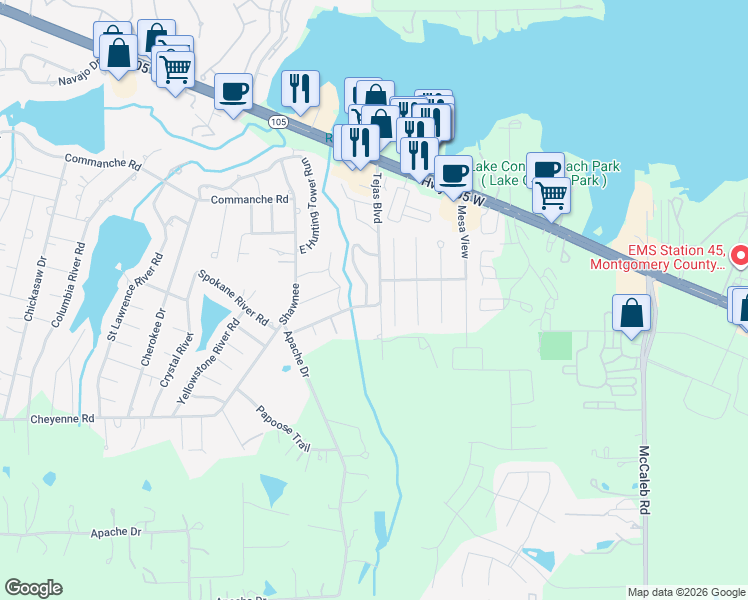 map of restaurants, bars, coffee shops, grocery stores, and more near 424 Tejas Boulevard in Montgomery