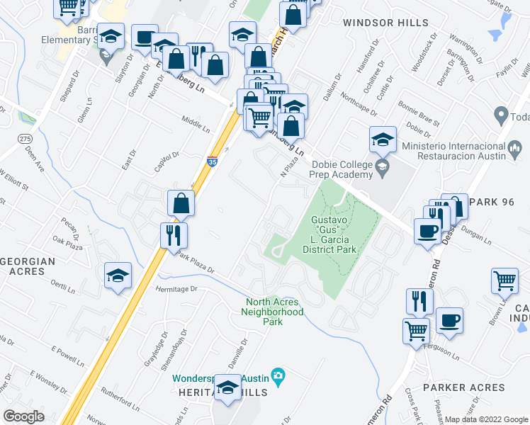 map of restaurants, bars, coffee shops, grocery stores, and more near 9009 North Plaza in Austin