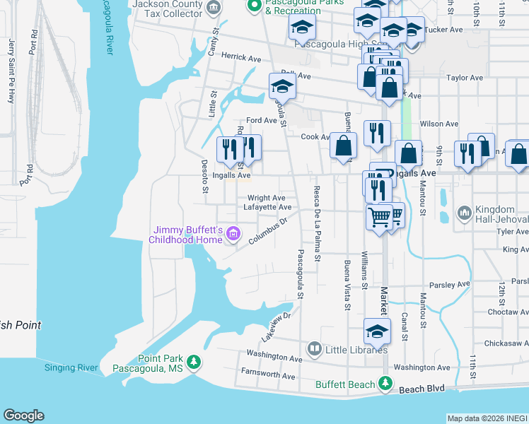 map of restaurants, bars, coffee shops, grocery stores, and more near 904 General Logan Avenue in Pascagoula