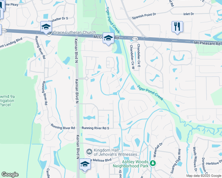 map of restaurants, bars, coffee shops, grocery stores, and more near 1633 Timber Crossing Lane in Jacksonville