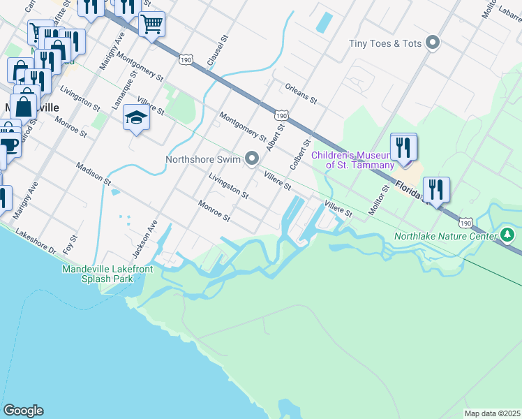 map of restaurants, bars, coffee shops, grocery stores, and more near 596 Colbert Street in Mandeville