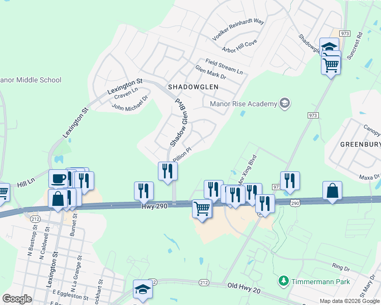 map of restaurants, bars, coffee shops, grocery stores, and more near 11601 Pillion Pl in Manor