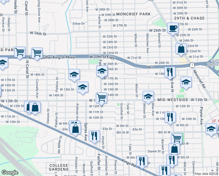map of restaurants, bars, coffee shops, grocery stores, and more near 1736 West 15th Street in Jacksonville