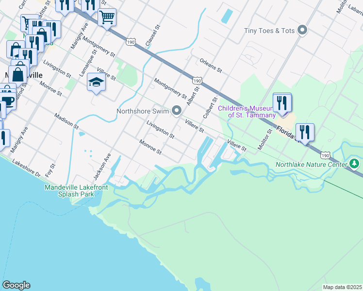 map of restaurants, bars, coffee shops, grocery stores, and more near 596 Colbert St in Mandeville