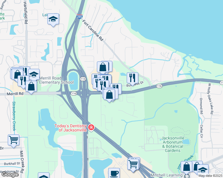 map of restaurants, bars, coffee shops, grocery stores, and more near 9129 Merrill Road in Jacksonville