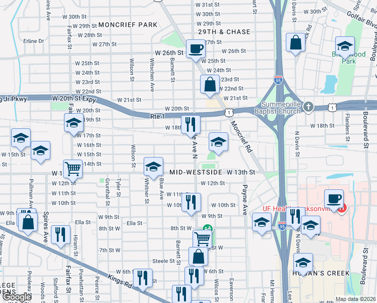 map of restaurants, bars, coffee shops, grocery stores, and more near 1326 West 15th Street in Jacksonville