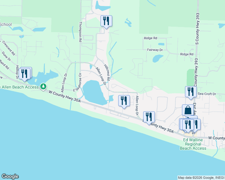 map of restaurants, bars, coffee shops, grocery stores, and more near 451 Allen Loop Drive in Santa Rosa Beach