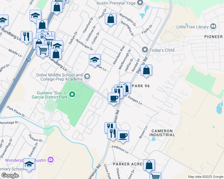 map of restaurants, bars, coffee shops, grocery stores, and more near 1400 Marlborough Circle in Austin