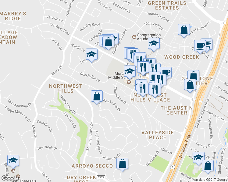 map of restaurants, bars, coffee shops, grocery stores, and more near 3802 Knollwood Drive in Austin