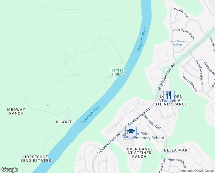 map of restaurants, bars, coffee shops, grocery stores, and more near 305 Lago Verde Road in Austin