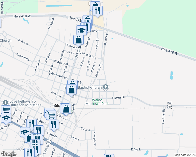 map of restaurants, bars, coffee shops, grocery stores, and more near 640 Kirby Street in Silsbee