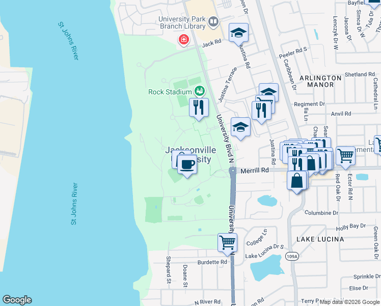 map of restaurants, bars, coffee shops, grocery stores, and more near 2800 University Boulevard North in Jacksonville