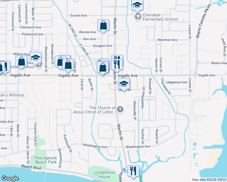 map of restaurants, bars, coffee shops, grocery stores, and more near 1700 Baptiste Street in Pascagoula