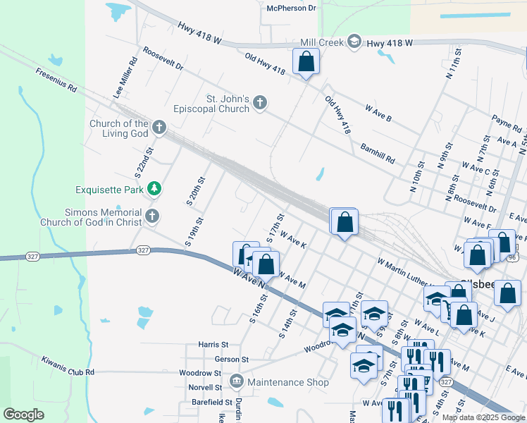 map of restaurants, bars, coffee shops, grocery stores, and more near 265 South 18th Street in Silsbee