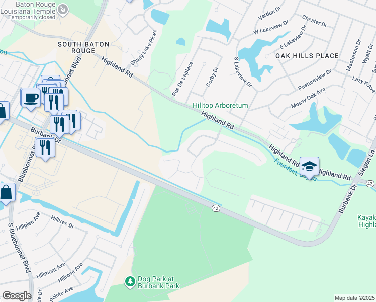 map of restaurants, bars, coffee shops, grocery stores, and more near 8947 Lake Mist in Baton Rouge
