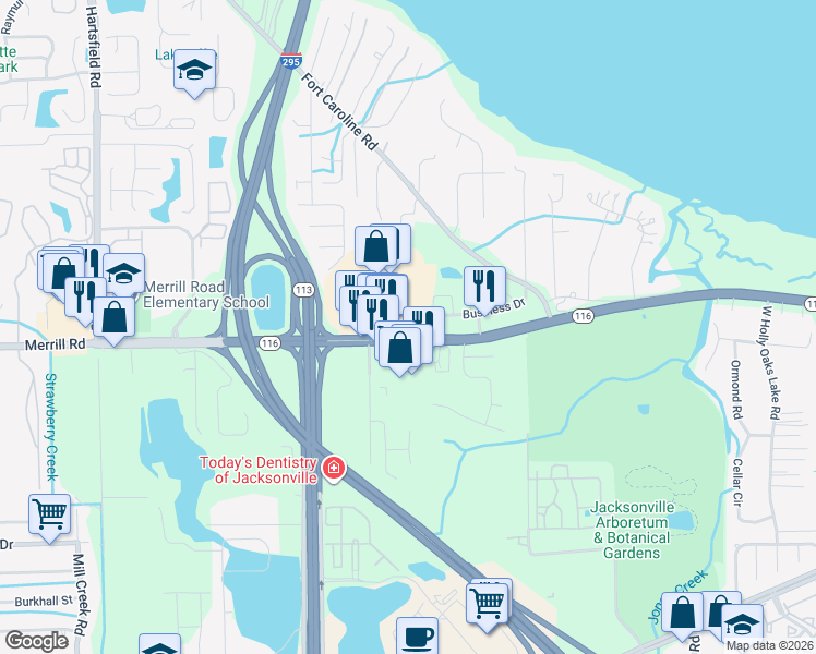 map of restaurants, bars, coffee shops, grocery stores, and more near 9125 Merrill Road in Jacksonville