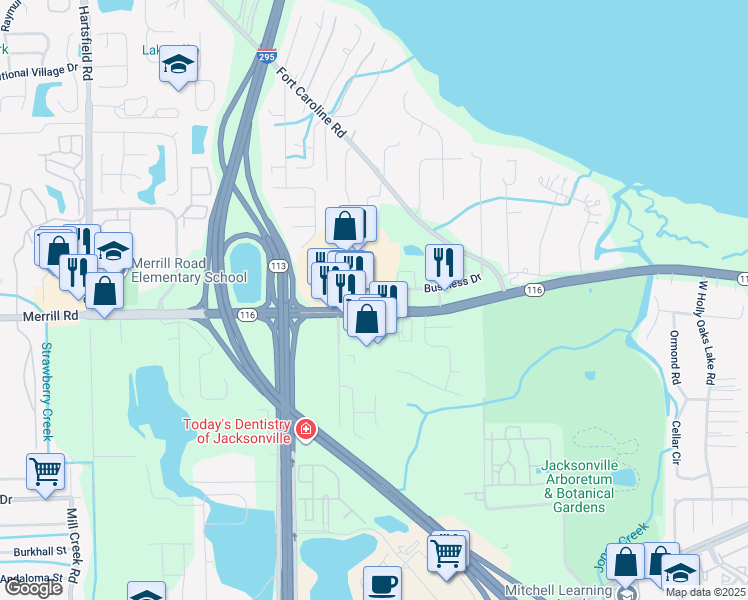 map of restaurants, bars, coffee shops, grocery stores, and more near 9125 Merrill Road in Jacksonville