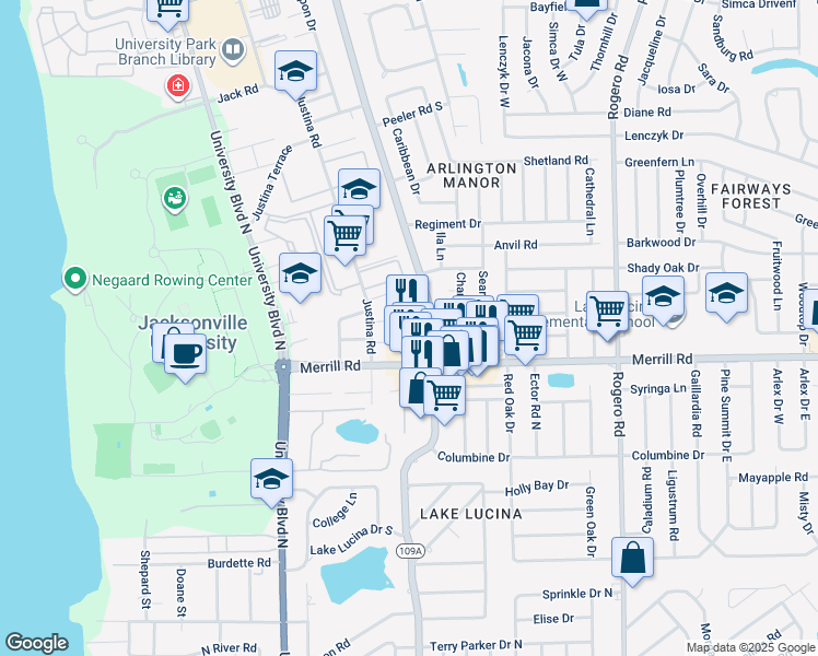 map of restaurants, bars, coffee shops, grocery stores, and more near 2824 Florida 109A in Jacksonville