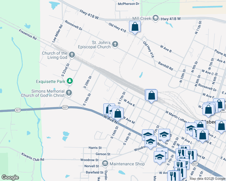 map of restaurants, bars, coffee shops, grocery stores, and more near 265 South 18th Street in Silsbee