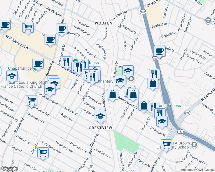map of restaurants, bars, coffee shops, grocery stores, and more near 7904 Burrell Drive in Austin