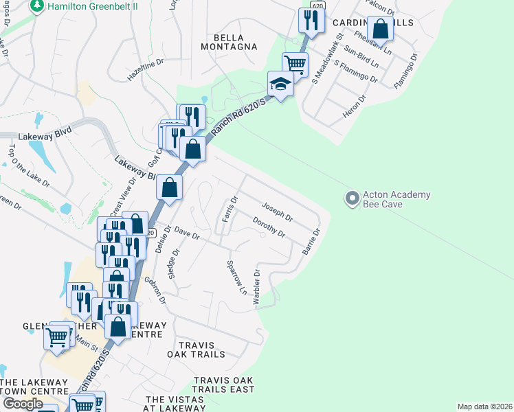 map of restaurants, bars, coffee shops, grocery stores, and more near 15205 Joseph Drive in Lakeway