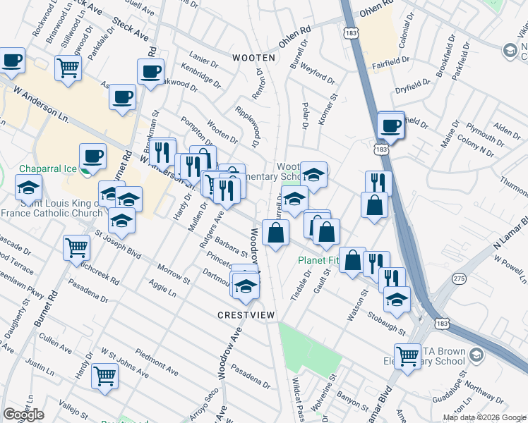 map of restaurants, bars, coffee shops, grocery stores, and more near 7904 Burrell Drive in Austin