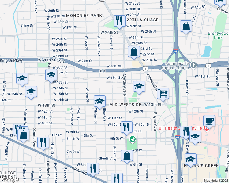 map of restaurants, bars, coffee shops, grocery stores, and more near 1359 West 15th Street in Jacksonville