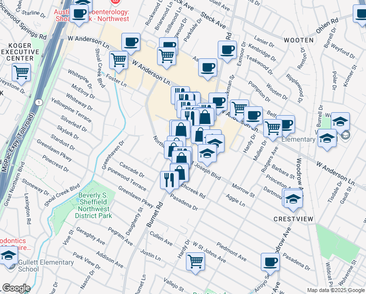 map of restaurants, bars, coffee shops, grocery stores, and more near 7532 Burnet Road in Austin