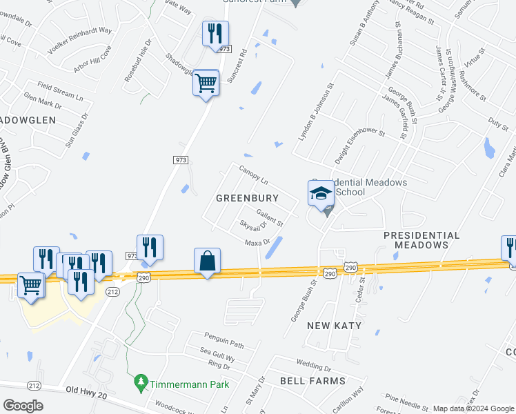 map of restaurants, bars, coffee shops, grocery stores, and more near 18116 Gallant Street in Manor