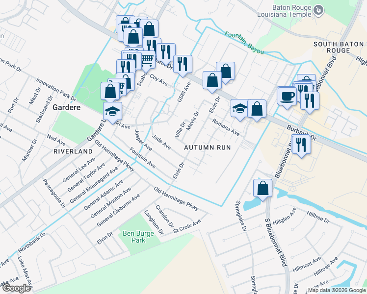 map of restaurants, bars, coffee shops, grocery stores, and more near 1829 Jade Avenue in Baton Rouge