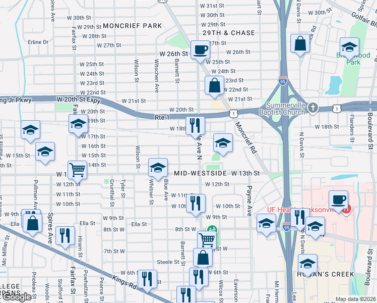 map of restaurants, bars, coffee shops, grocery stores, and more near 1326 West 15th Street in Jacksonville