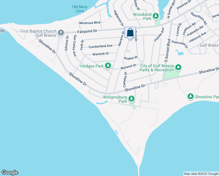 map of restaurants, bars, coffee shops, grocery stores, and more near 202 Shoreline Drive in Gulf Breeze