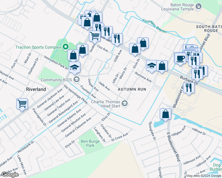 map of restaurants, bars, coffee shops, grocery stores, and more near 1829 Jade Avenue in Baton Rouge