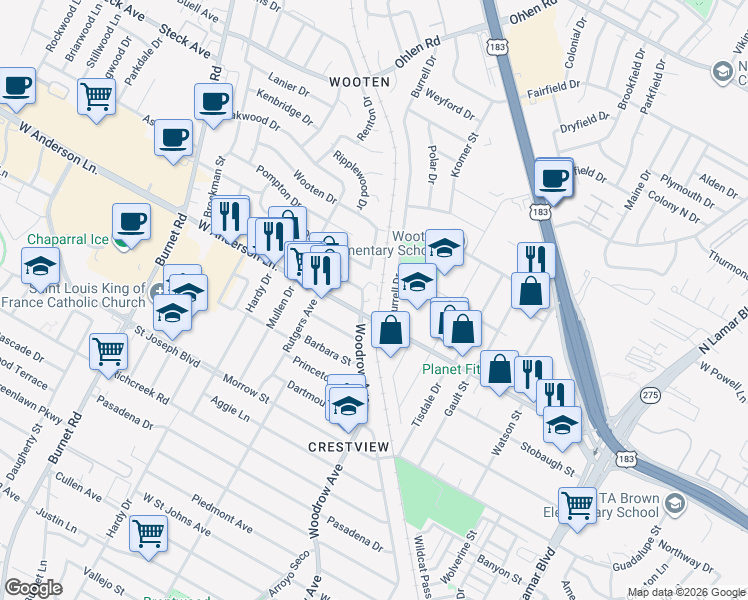 map of restaurants, bars, coffee shops, grocery stores, and more near 7904 Burrell Drive in Austin