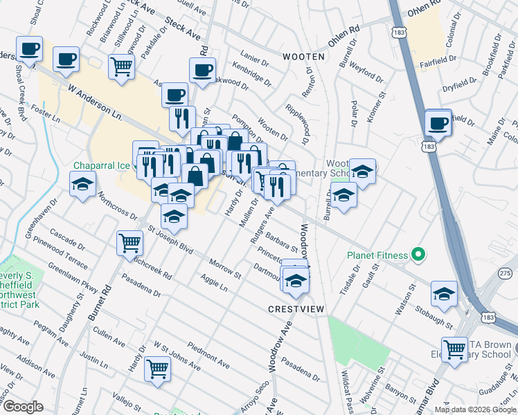 map of restaurants, bars, coffee shops, grocery stores, and more near 7807 Mullen Drive in Austin