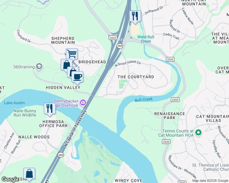 map of restaurants, bars, coffee shops, grocery stores, and more near 5507 Courtyard Drive in Austin