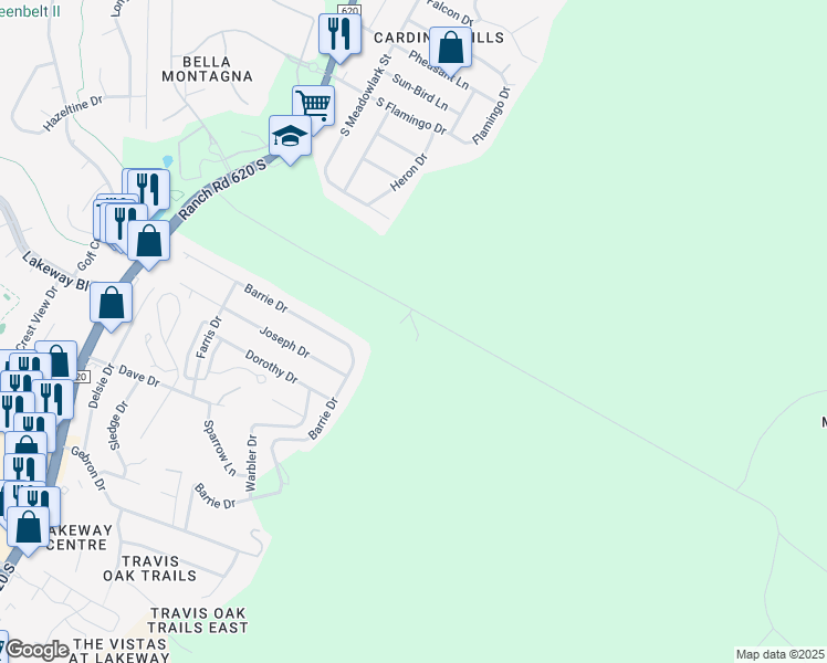 map of restaurants, bars, coffee shops, grocery stores, and more near 14913 Murfin Road in Austin