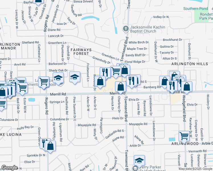 map of restaurants, bars, coffee shops, grocery stores, and more near Merrill Road in Jacksonville