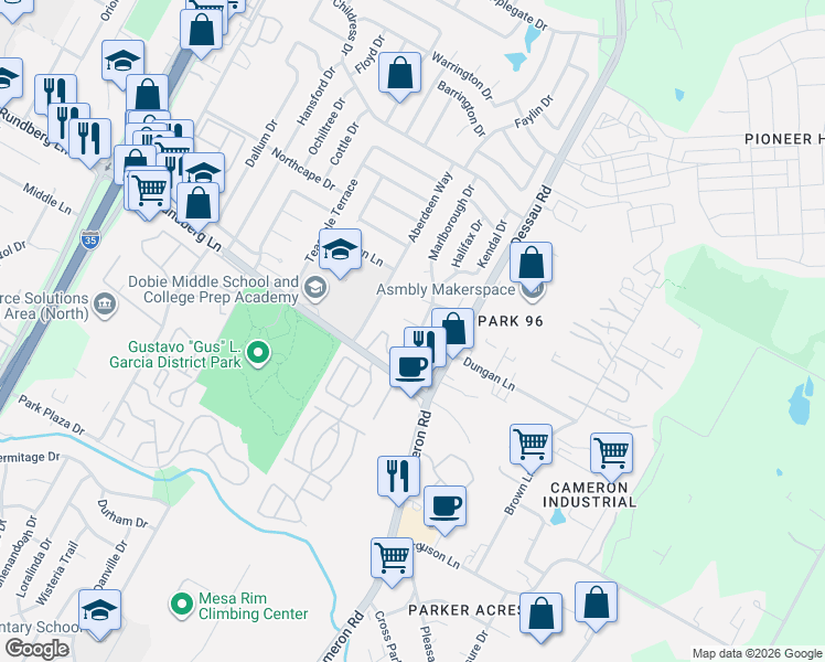 map of restaurants, bars, coffee shops, grocery stores, and more near 1400 Marlborough Circle in Austin