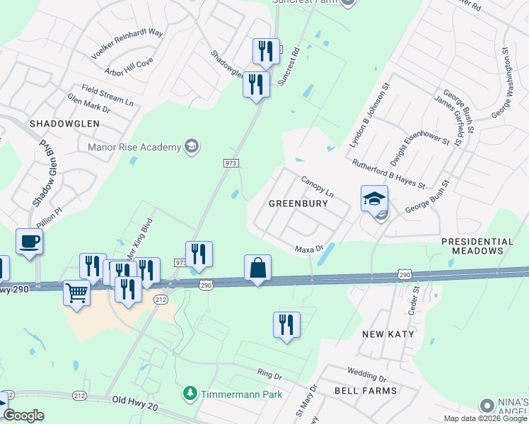 map of restaurants, bars, coffee shops, grocery stores, and more near 13205 Constellation Drive in Manor