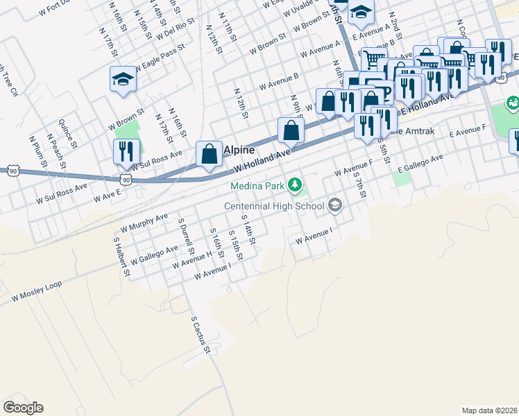 map of restaurants, bars, coffee shops, grocery stores, and more near 800-898 West Gallego Avenue in Alpine