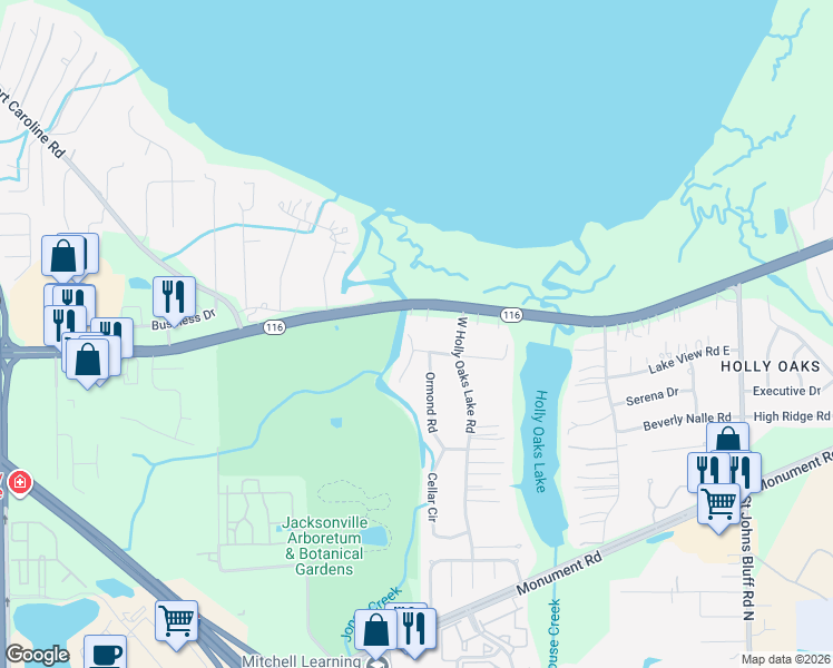 map of restaurants, bars, coffee shops, grocery stores, and more near 10167 Lake View Road West in Jacksonville