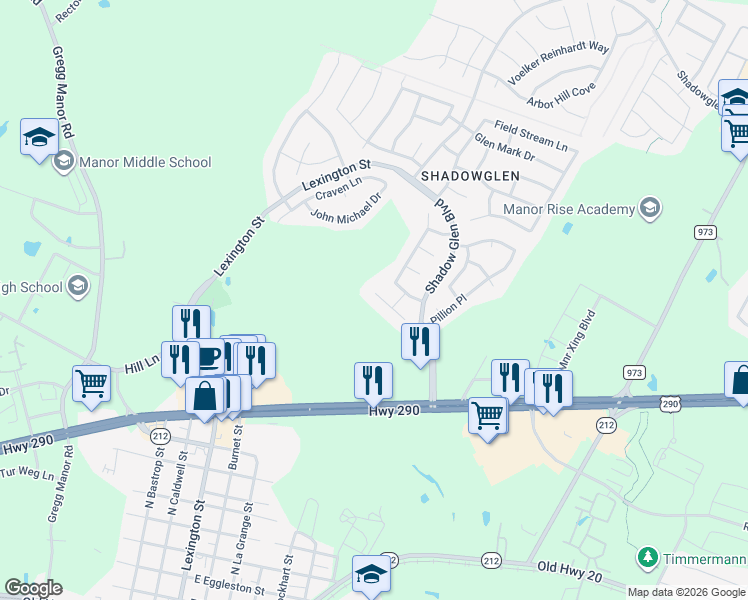 map of restaurants, bars, coffee shops, grocery stores, and more near 11308 Runnel Ridge Road in Manor