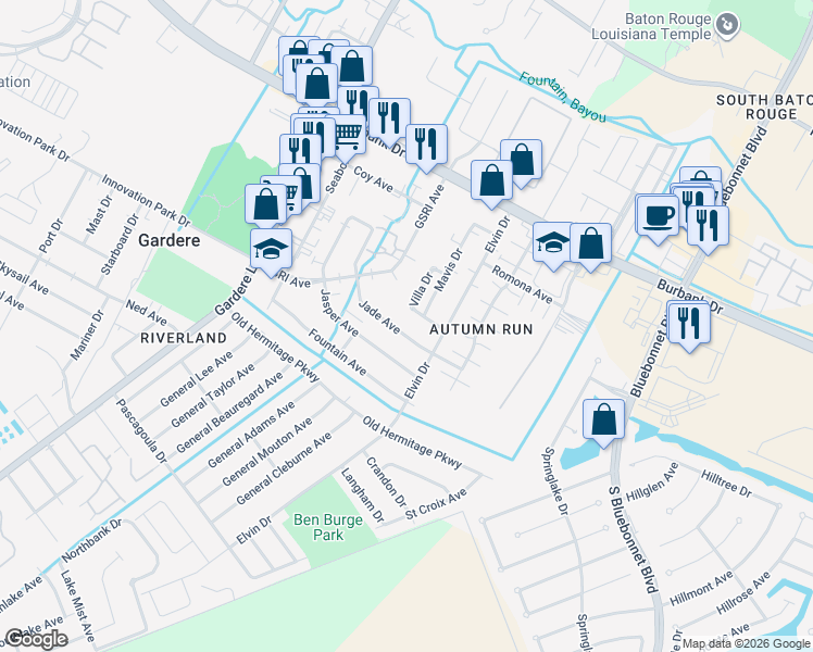 map of restaurants, bars, coffee shops, grocery stores, and more near 1737 Jade Avenue in Baton Rouge