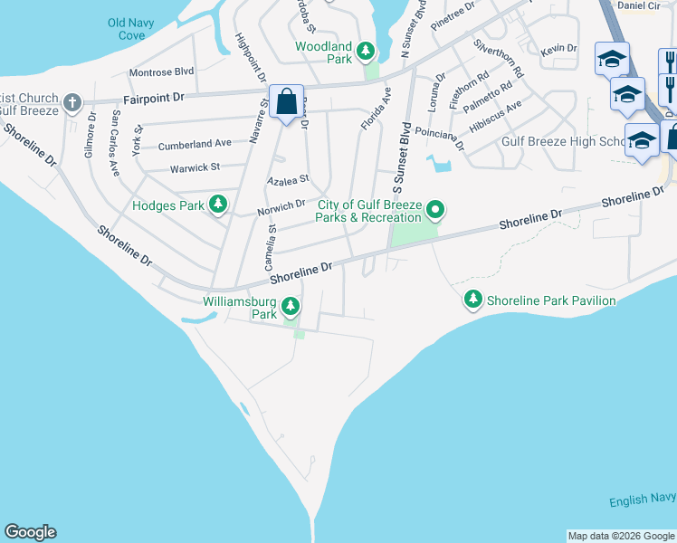 map of restaurants, bars, coffee shops, grocery stores, and more near 706 Jamestown Drive in Gulf Breeze