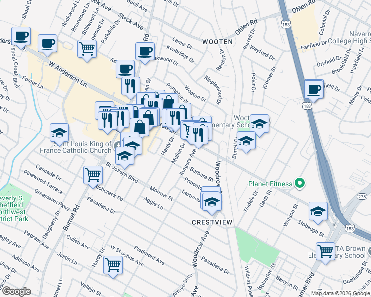 map of restaurants, bars, coffee shops, grocery stores, and more near 7813 Mullen Drive in Austin
