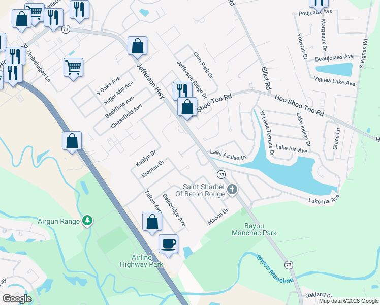 map of restaurants, bars, coffee shops, grocery stores, and more near 18434 Jefferson Highway in Baton Rouge