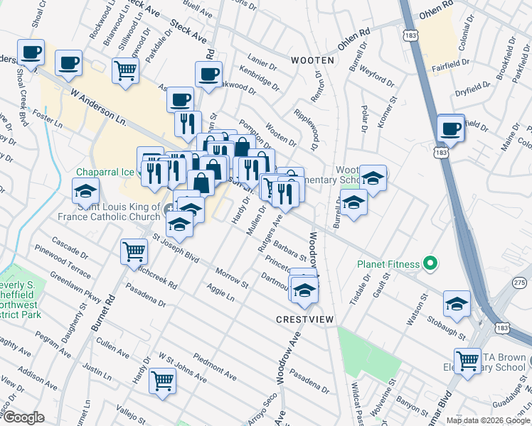 map of restaurants, bars, coffee shops, grocery stores, and more near 7813 Mullen Drive in Austin
